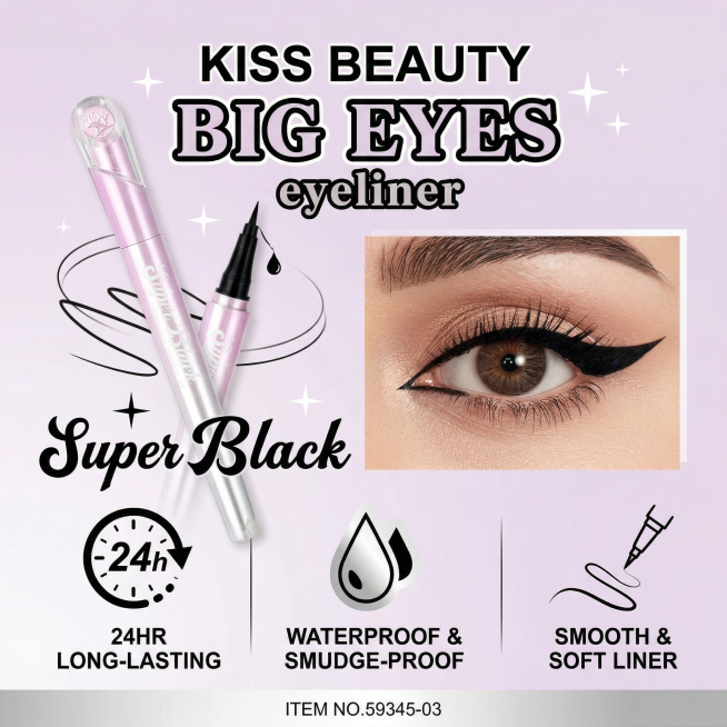 生成Kiss Beauty眼线笔的核心卖点功能图，配合文字和图标突出24小时持久、防水防晕染、笔触顺滑柔软这些核心卖点，产品为参考图中的粉色银渐变包装眼线笔，所有文字使用英文，布局清晰预览效果