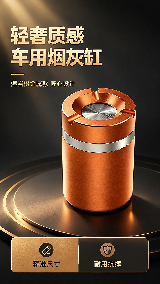 [第1屏] 详情页头图-熔岩橙车载烟灰缸新品宣传海报。本屏使用【图1】作为商品主体。
[氛围/风格] 轻奢高级商务风，深灰渐变背景，金色光影，金属质感商业摄影。
[元素布局] 烟灰缸位于画面中偏右下位置，占比约65%，主体结构、颜色、材质保持与输入产品图完全一致，保留熔岩橙金属质感和银色装饰圈细节；左上角预留标题区，背景增加柔和放射光线，底部搭配金色信息条，营造光影层次感。
[光影质感] 顶部打柔和金色主光，侧面辅以反光，底部自然阴影，金属表面高光清晰，强化磨砂金属质感。
[配色色系] 全局底色 #2b2b2b，主色熔岩橙+深灰，辅助色金色高亮文字。
[视角构图] 正面45°斜视角，产品为绝对视觉中心，阅读动线左上标题→中心产品→底部信息。
[文字版式] 版式为左上标题+中心产品+底部信息条。主标题「轻奢质感 车用烟灰缸」，副标题「熔岩橙金属款 匠心设计」，加粗圆角黑体，左对齐；底部信息区标注核心卖点「精准尺寸 耐用抗摔」；文字不遮挡产品主体。
[比例分辨率] 9:16 竖版比例，4K分辨率，文字清晰可辨，高清画质。
[负向提示词] 产品变形，缺件错件，颜色偏差，文字错乱，水印，背景杂乱，文字过小。