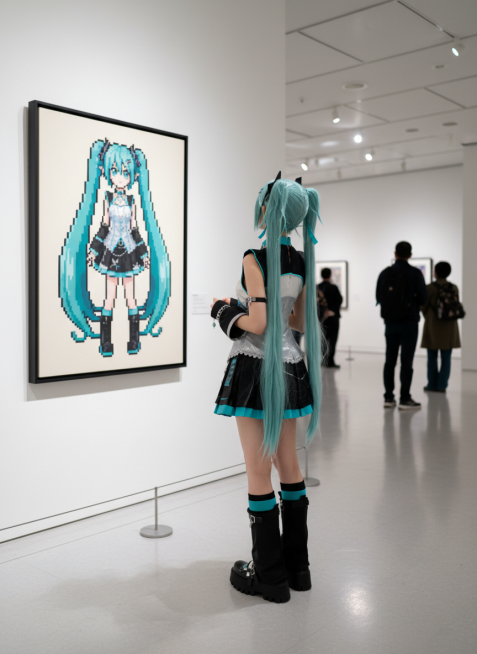 斜拍背面视角，在日系展馆里，参考图人物在欣赏墙上挂着的一幅像素画，画中人物形象与该人呼应，画要显示完整，远处有其他参观的人，画面是明亮射灯营造的自然氛围。预览效果