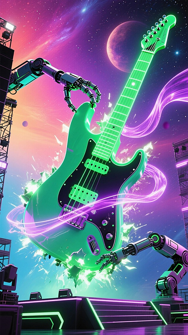 电子音乐节主视觉，迷幻渐变宇宙背景，巨型发光吉他爆破，荧光绿与电光紫光效流动，未来感舞台机械臂动态延伸，赛博朋克+波普艺术混搭