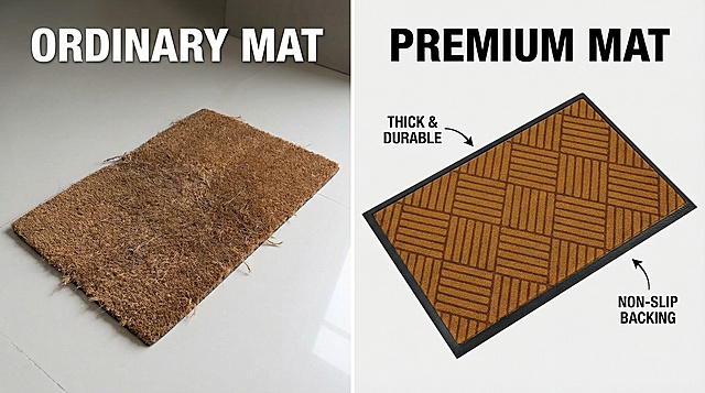 Side-by-side comparison: on the left is a thin, easily worn ordinary doormat, on the right is this thick, durable and non-slip entrance doormat, with text labels "ORDINARY MAT" and "PREMIUM MAT" above them respectively, highlighting the advantages of the product
