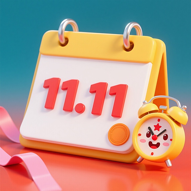 3D立体风格日历，橙红色渐变背景，黄色日历主体，顶部有两个银色金属活页环，日历页面为白色，右下角有一个橙色圆形印记，日历右侧有一个黄色卡通闹钟，闹钟表面显示“11.11”红色大字，闹钟带有红色星星眼睛和红色嘴巴的夸张表情，日历下方有粉色飘带装饰，整体光影柔和，高光明显，色彩鲜明，充满欢快活泼的氛围。