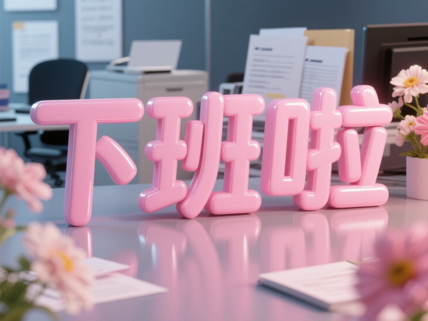 正面视角，3D文字，文字内容为“下班啦“，色系为粉色，背景有文件、办公产品、鲜花等元素装饰，场景为公司预览效果