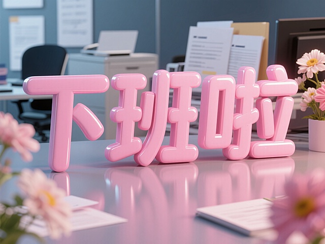 正面视角，3D文字，文字内容为“下班啦“，色系为粉色，背景有文件、办公产品、鲜花等元素装饰，场景为公司