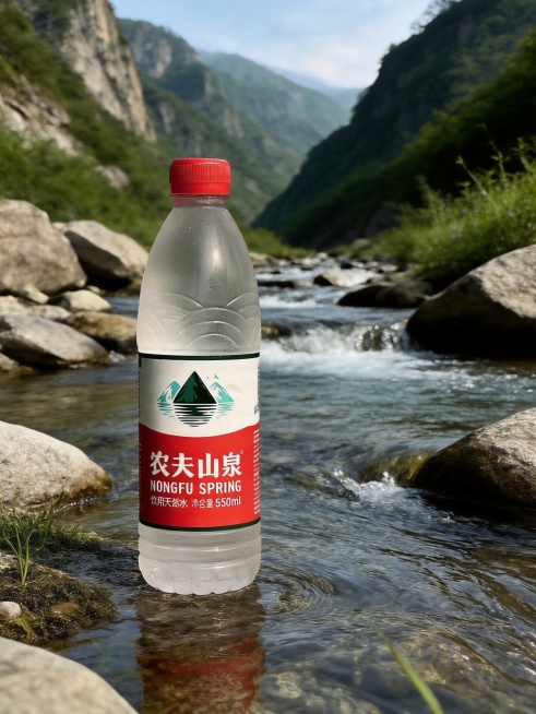 生成电商产品主图，整瓶展示农夫山泉天然饮用水放在山间溪流边，自然健康风格，产品突出预览效果