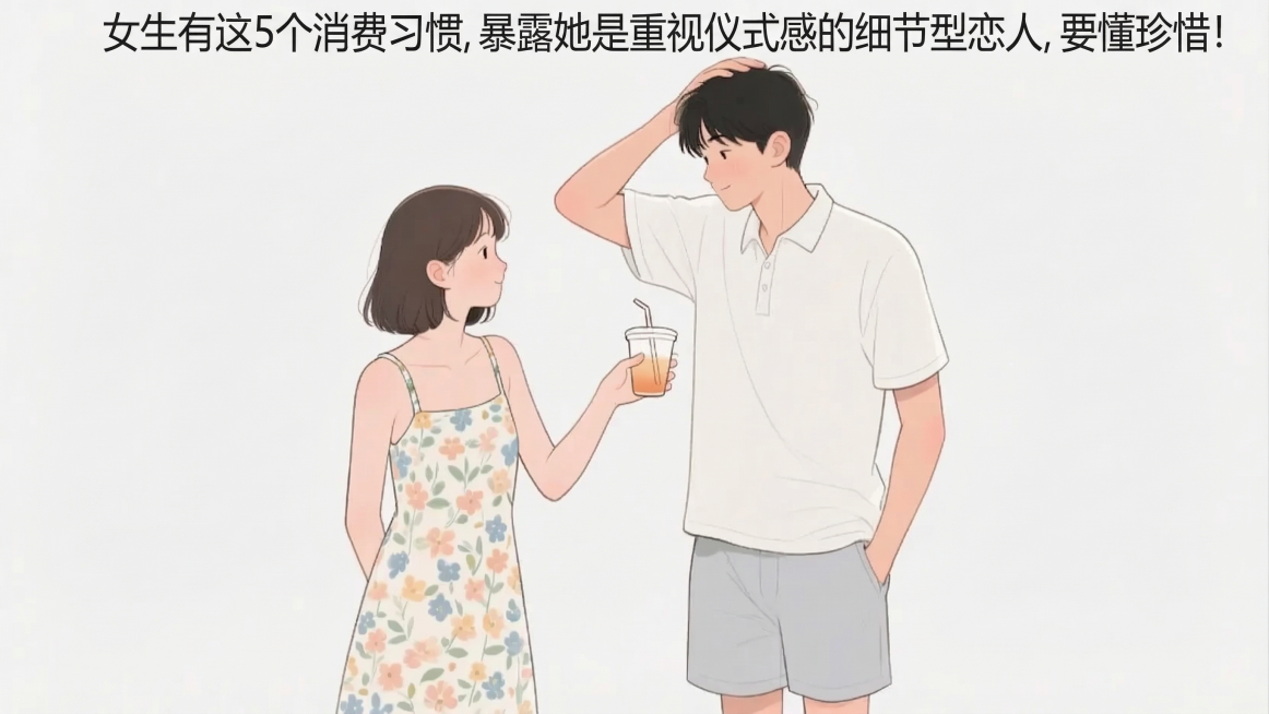 在图片上方合适位置添加文字：女生有这5个消费习惯，暴露她是重视仪式感的细节型恋人，要懂珍惜！保持原有插画风格不变，文字清晰排版舒适。预览效果