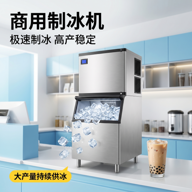 [主图 1] 商用制冰机产品首图，融入茶饮吧台场景。
[氛围风格] 干净清爽简约模块化风格，参考图2的版式和配色，整体简洁明快
[画质] 商业摄影质感、光线柔和通透、产品清晰真实、画面干净高级。
[元预览效果