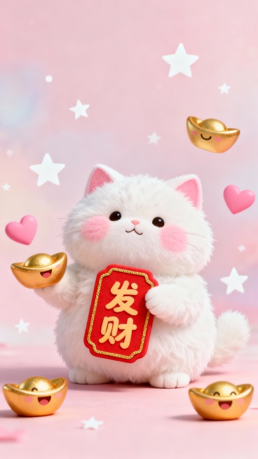 可爱插画风格，画面中心是一只胖乎乎的招财猫，浑身雪白的绒毛柔软蓬松，粉色的耳朵和脸蛋肉嘟嘟的，十分俏皮。它正举着一个写着“发财”的小红牌，小红牌边缘用金色线条勾勒，“发财”二字是童趣的手写体，颜色鲜艳预览效果