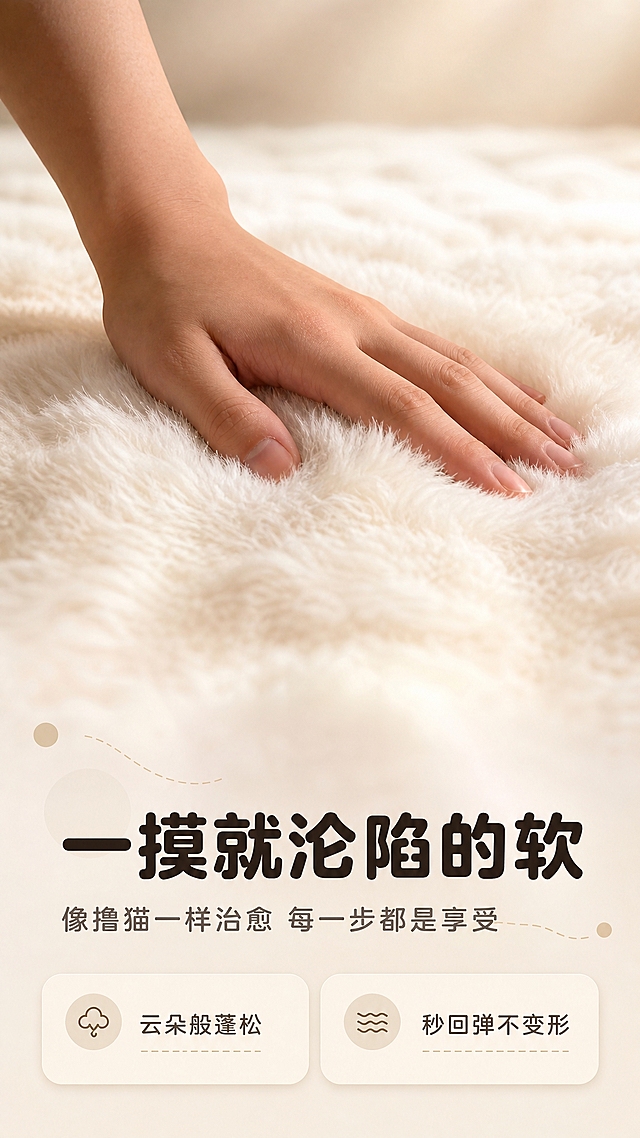 [商品] 使用【图1】手部轻抚兔毛地毯的特写；保留奶白色兔毛材质、手的姿态和按压凹陷的回弹感；增强毛绒细腻度和手部皮肤质感，让触感体验更真实。
[画面] 动态体验页，目标是通过手部动作传递软糯舒适的触感。竖版构图，一只手从左上伸入画面，手指轻按在毛绒地毯上，按压处形成自然凹陷，体现蓬松回弹。地毯毛绒占据画面约80%，背景为浅米色渐变虚化。
[视觉] 套系策略：风格=温馨奶油风家居商业摄影；标题字=圆润粗黑体；正文字=简洁圆角无衬线体；主色=奶白米杏；背景延展=基于奶白米杏做深浅层级、同色渐变和细腻织物/墙面质感；强调色=奶茶棕，仅用于小面积图标、引线和标签；标题色=深暖棕；正文色=中暖灰；组件=圆角浅底信息卡、细曲线引线、软圆点装饰；光影=左前侧暖调柔光，手和毛绒有自然阴影，毛峰处有轻微逆光。
[文字] 底部区域主标题"一摸就沦陷的软"，副标题"像撸猫一样治愈 每一步都是享受"，下方2个短卖点"云朵般蓬松""秒回弹不变形"，配圆角信息卡。文字横排，不遮挡手和按压核心区域。
[规格] 图片比例9:16竖版，4K，避免变形、错字、文字过小、冷蓝灰调、手部失真、毛绒质感差。