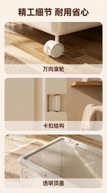 [主图 4] 细节亮点展示，氛围风格：温馨舒适家居治愈风，暖调自然光。画面元素：商业摄影质感、光线柔和通透、产品清晰真实、画面干净高级。采用三宫格拼图，分别展示万向滚轮、卡扣结构、透明顶盖三个细节，每预览效果