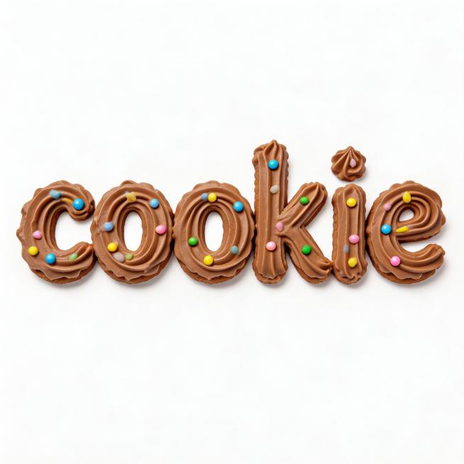 将文字"cookie"做成咖色奶油裱花材质，表面是清晰的螺旋裱花纹理，边缘保留裱花嘴挤出的自然褶皱细节，质感松软饱满，带有奶油的哑光光泽，文字表面错落点缀彩色迷你糖粒（浅蓝、黄、粉、绿色小颗粒），整体预览效果