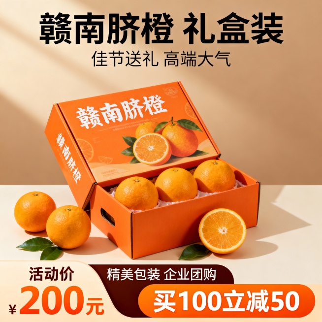 生成三张不同场景的赣南脐橙 电商主图，价格“200元”，比例1:1，赣南脐橙 买100立减50预览效果