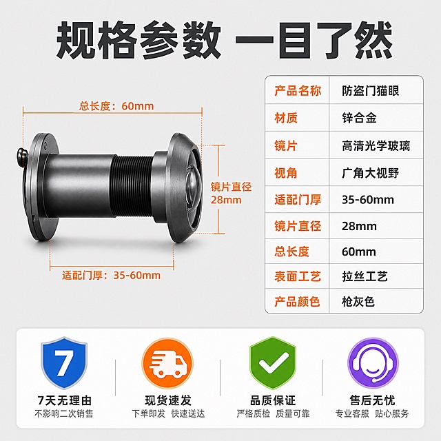 [主图-5] 防盗门猫眼门镜规格参数与服务保障图，展示产品尺寸和售后承诺。
[统一基调] 拼多多风格，大字直白，性价比感，浅灰色背景，主标题深灰色粗体大字，强调色橙色，辅助文字深灰色，字体为无衬线粗体，底部服务保障条。
[画面] 画面左侧为一只防盗门猫眼门镜侧视图，产品外观、结构、材质、颜色与输入图完全一致，旁边有尺寸标注线，标注总长度、镜片直径、适配门厚等参数。右侧为参数信息区域，用简洁的表格形式列出主要规格参数。底部有四个服务保障图标横向排列。
[光影质感] 商业产品摄影质感，主光均匀柔和，金属表面干净，产品轮廓清晰，底部有轻微投影。
[配色] 背景浅灰色，主标题深灰色，尺寸线和参数标题橙色，参数数值深灰色，底部服务图标彩色，产品枪灰色金属质感。
[文字版式] 顶部大标题"规格参数 一目了然"。左侧产品旁尺寸标注线配橙色数字和单位。右侧参数表包含：产品名称"防盗门猫眼"、材质"锌合金"、镜片"高清光学玻璃"、视角"广角大视野"、适配门厚"35-60mm"等。底部四个服务图标分别配文"7天无理由""现货速发""品质保证""售后无忧"。
[输出要求] 比例1:1，文字清晰可读，参数清晰明了，产品清晰锐利，无变形，无错字，无水印，无平台logo，无杂乱元素。