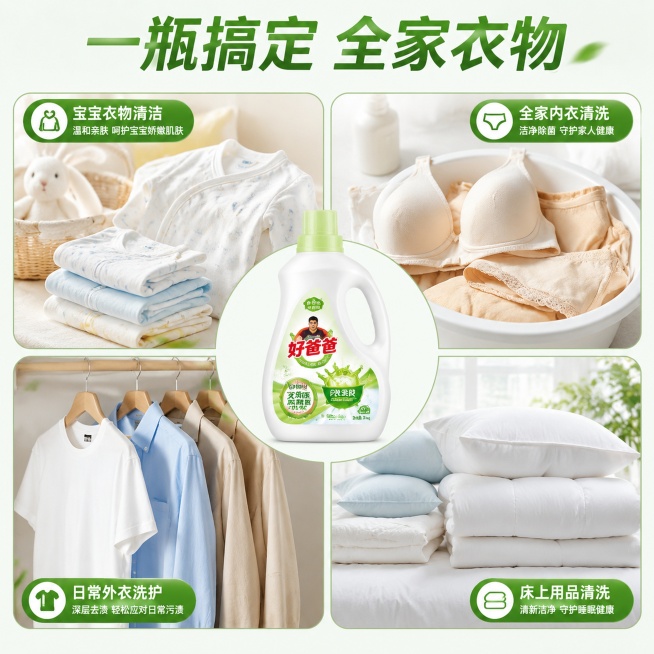 [第7屏] 多场景拼图展示屏，展示好爸爸洗衣液适用多种洗衣场景。本屏参考【图1】产品信息。
[氛围/风格] 信息拼图风格，丰富清晰，干净明快。
[元素布局] 四宫格拼图布局，四个场景分别是：宝宝衣物清预览效果
