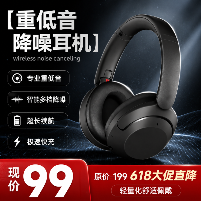 [单张主图] 头戴式无线蓝牙耳机，爆款促销感主图，用于淘宝天猫618大促。
[画面主体] 黑色头戴式蓝牙耳机，保持产品外观（物理结构、材质质感、颜色）与输入产品图绝对一致，杜绝任何变形和色差，精细化处预览效果