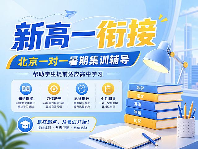 4:3比例教育培训推广海报，主色浅蓝色搭配黄色，主标题“新高一衔接”，副标题“北京一对一暑期集训辅导”，帮助学生提前适应高中学习，搭配堆叠书本和台灯装饰，背景浅蓝渐变，文字清晰醒目，版式精美，禁止出现提分、弯道超车等违规词汇，4K分辨率