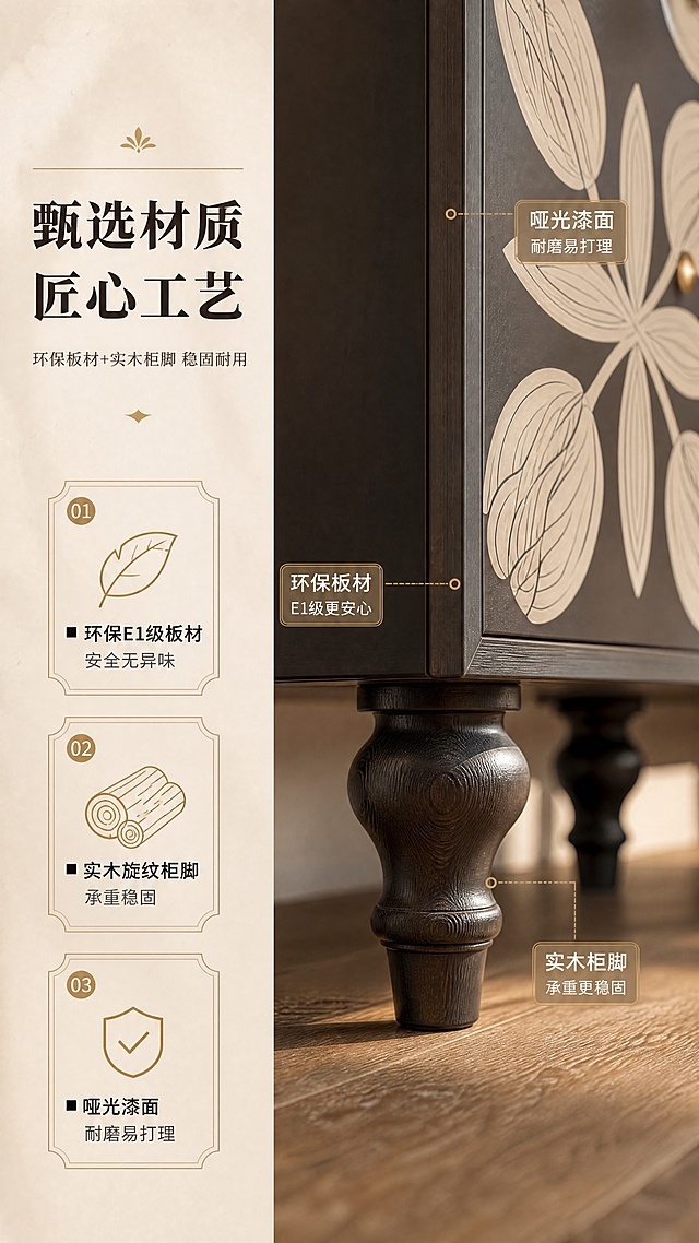 [商品] 使用【图1】中古风深棕色四门郁金香印花玄关柜；保留柜体整体结构、印花图案、实木柜脚造型与金色拉手；重点展示柜脚材质细节、柜体板材边缘与表面质感；可局部特写柜脚与板材拼接处。
[画面] 目标：材质工艺证明页，展示环保板材与实木柜脚的品质感。构图：左右分栏，左侧约40%为文案+材质标签，右侧约60%为柜体局部材质特写；主体为柜脚+柜体下沿特写，占画面约50%，低角度仰视突出实木质感；前景展示木纹细节，中景柜脚旋纹造型，后景暖调虚化墙面；营造品质工艺氛围。
[视觉] 套系策略：风格=中古风复古高级家居商业摄影；标题字=复古衬线粗体（宋体类）；正文字=简洁现代无衬线体；主色=深棕黑+米杏色；背景延展=基于米杏色做深浅层级、同色渐变和细腻墙面/纸张质感；强调色=暖金色，仅用于小面积图标、引线、标签和局部光效；标题色=深棕黑；正文色=暖炭灰；组件=细金线信息卡、复古序号、胶囊标签；光影=左前侧暖柔光，午后窗边自然光感，柔和阴影。
[文字] 左侧文案：主标题「甄选材质 匠心工艺」（8字），副标题「环保板材+实木柜脚 稳固耐用」（14字），材质说明3条：「■ 环保E1级板材 安全无异味」「■ 实木旋纹柜脚 承重稳固」「■ 哑光漆面 耐磨易打理」；右侧配引线标注指向柜脚、板材、漆面各部位。
[规格] 图片比例9:16竖版，4K分辨率，负向提示：避免变形、错字、文字过小、材质失真、木纹错乱、冷光、塑料质感。