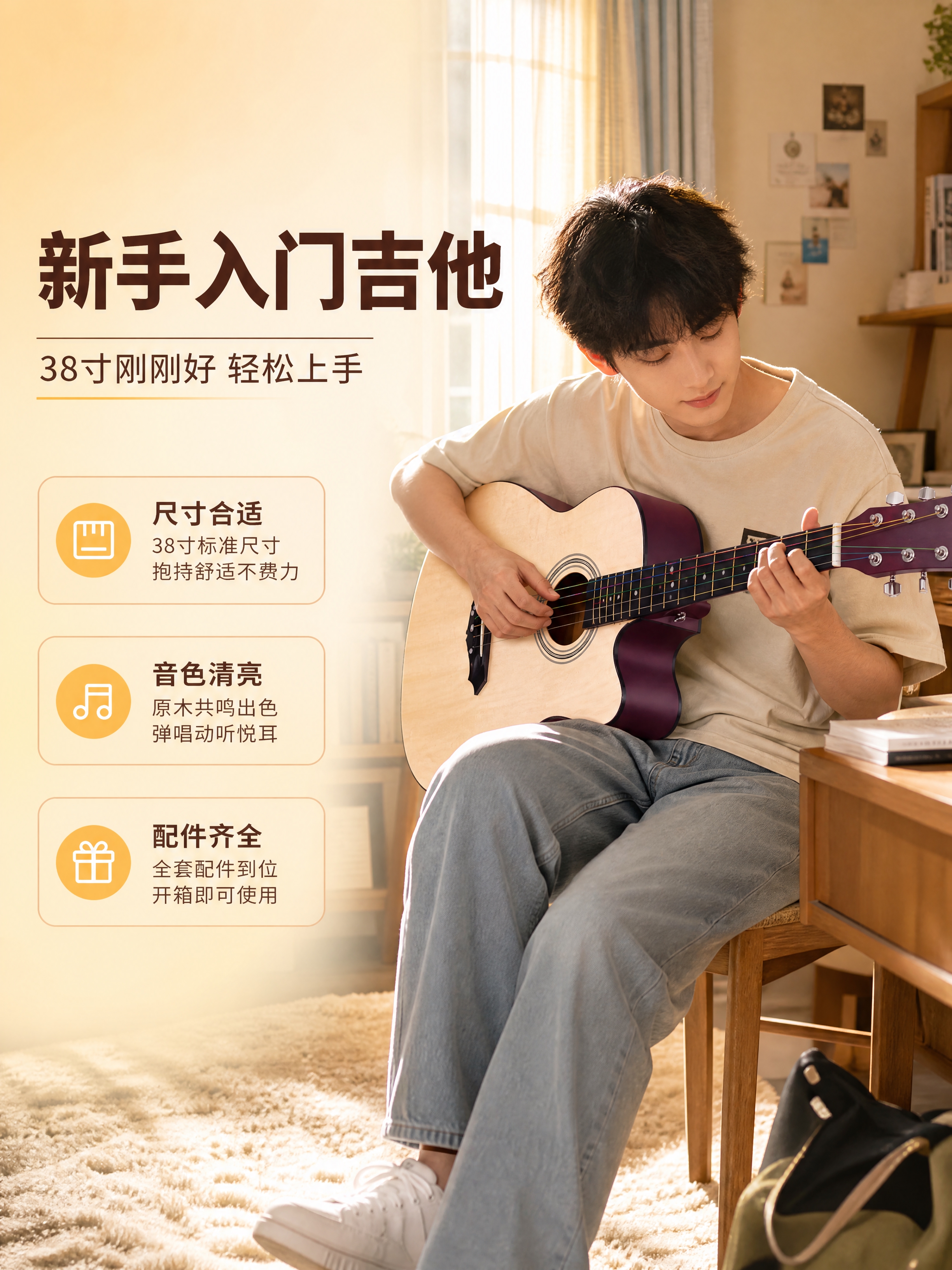 [商品] 使用【图2】38寸木色吉他；保留原木色琴身、缺角造型… - 图片创意预览
