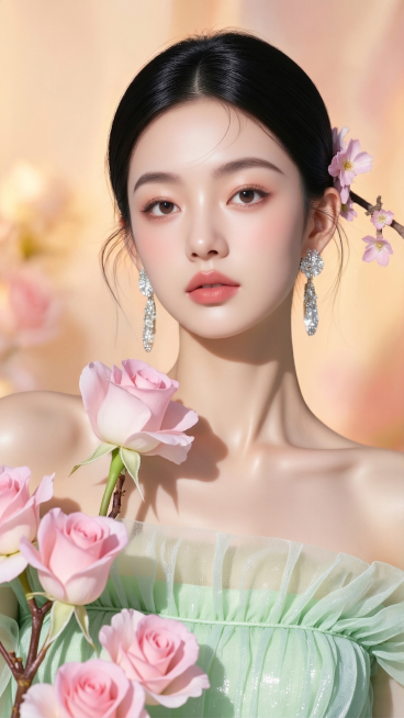 将图片背景改为暖色调，保留人物、鲜花、耳饰和服装所有元素不变，只修改背景颜色预览效果