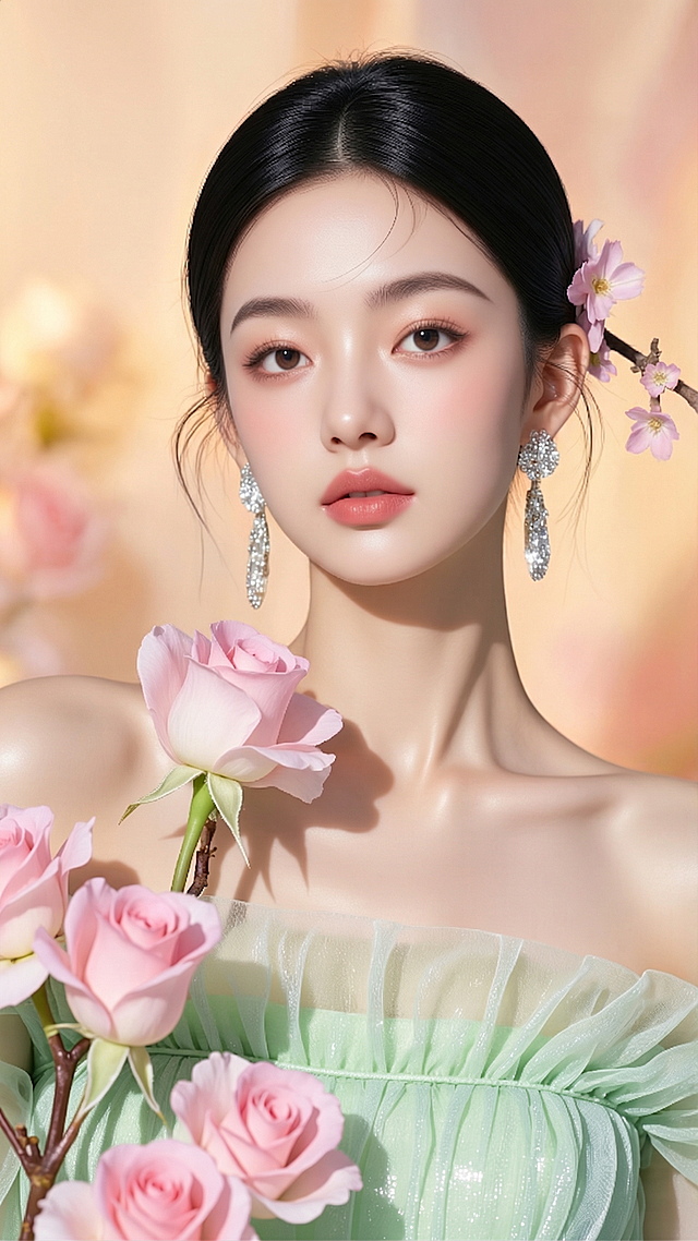 将图片背景改为暖色调，保留人物、鲜花、耳饰和服装所有元素不变，只修改背景颜色