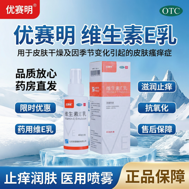 参考图片4样式生成维生素E乳的主图：顶部左边放置图3的优赛明logo，右边放置"OTC"绿色标识，标题"优赛明   维生素E乳"，标题下面“用于皮肤干燥及因季节变化引起的皮肤瘙痒症”字比上面小一些，中预览效果