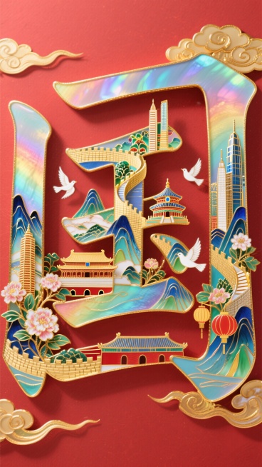 “国”字笔画进行解构用元素拼接而成，文字笔画填充建筑（长城、山脉、故宫、天坛、高楼大厦等）、鲜花、灯笼，白鸽点缀，光影交织，边缘环绕着金色的祥云，红色背景预览效果