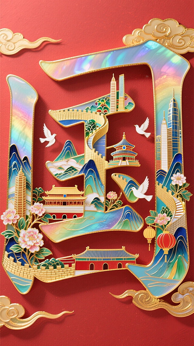 中式感国潮风，大字“国”融入山水建筑，鎏金点缀，尽显节日喜庆与文化韵味。