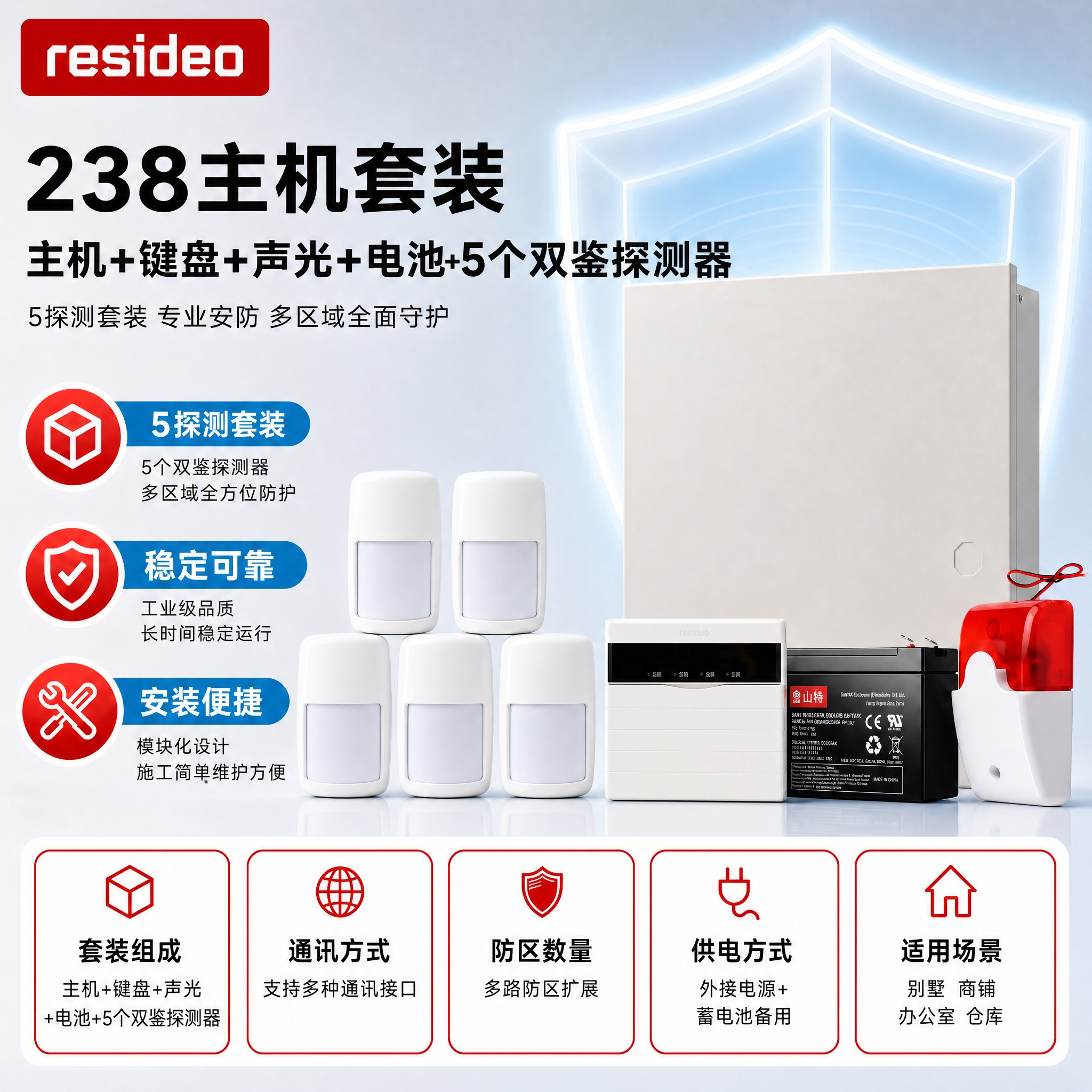 [主图-1] 238主机+键盘+声光+蓄电池+5个双鉴探测器… - 图片创意预览