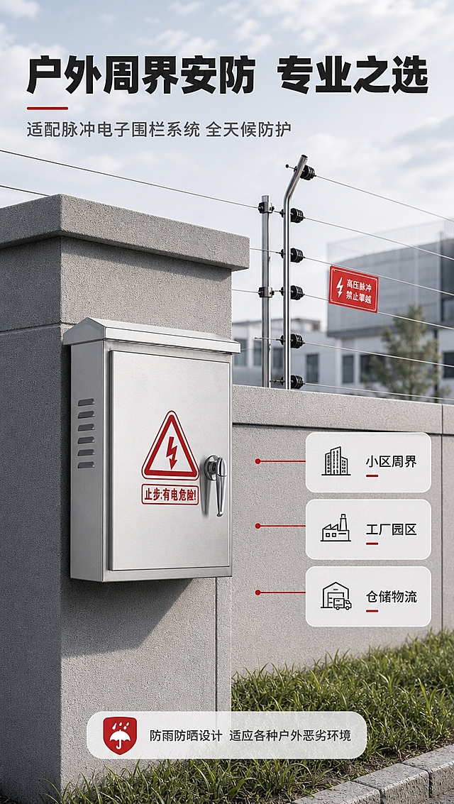 [商品] 使用【图1】脉冲电子围栏防水箱；保留不锈钢银色金属箱体、斜顶防雨顶盖、正面红色闪电警示标志、右侧银色长柄锁具、侧面散热孔；设备外观严格保持原图不变，安装于户外围墙立柱旁，作为电子围栏系统的控制主机箱。
[画面] 目标：场景适配，展示产品在户外周界安防系统中的实际应用；构图：竖版9:16，产品安装在画面中部偏左的户外围墙金属立柱上，占画面约35%，正面微侧角度；右侧及上方展示电子围栏系统示意（围栏线、绝缘子、支撑杆线稿）；背景为户外厂区/小区围墙场景，天空柔和多云，光线自然日间；前景有草地或地面，中景围墙+防水箱，远景建筑轮廓虚化。
[视觉] 套系策略：风格=报警行业专业商业摄影，克制高级；标题字=粗黑体，厚重有力；正文字=思源黑体常规；主色=浅灰白+中灰；背景延展=户外自然场景，整体色调偏冷灰专业感，天空柔和浅灰蓝；强调色=警示红（#D32F2F），仅用于小面积图标、引线、警示标签点缀；标题色=深炭灰；正文色=中灰；组件=圆角信息卡、红色引线标注、系统连线示意；光影=自然日间柔光，左前侧主光，产品安装处有真实接触阴影。
[文字] 顶部主标题：户外周界安防 专业之选；副标题：适配脉冲电子围栏系统 全天候防护；右侧3个场景应用标签：小区周界、工厂园区、仓储物流；下方说明文字：防雨防晒设计 适应各种户外恶劣环境；所有文字横向排版，不遮挡产品主体。
[规格] 图片比例9:16竖版，4K分辨率，负向提示：避免产品变形扭曲、颜色改变、部件缺失、过于彩色花哨、文字竖排、人物面部、水印、极限词。