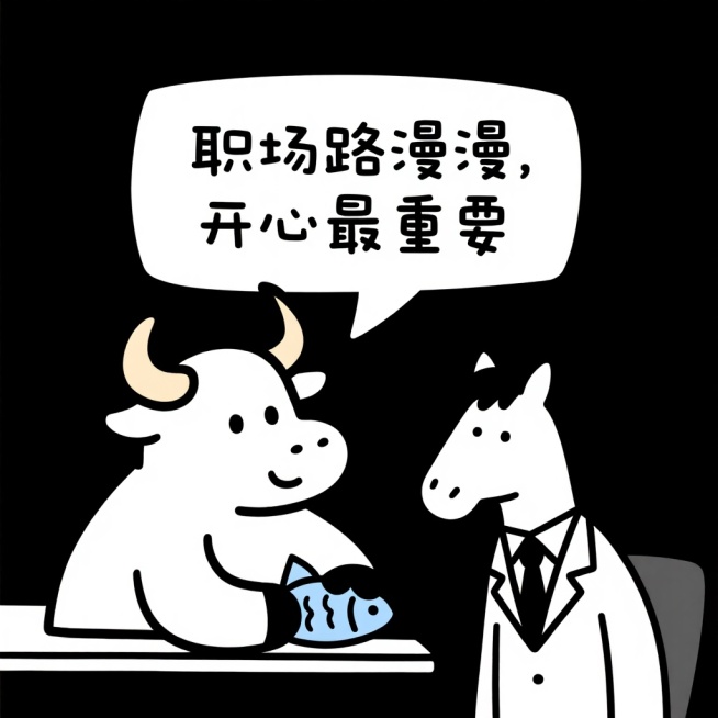 一只悠闲摸鱼的小牛对小马说：职场路漫漫，开心最重要预览效果
