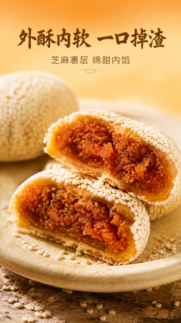 [第3屏] 产品实物切开展示质地屏。
[氛围/风格] 特写食欲感，暖调美食摄影，突出食物本身的质感，真实诱人。
[元素布局] 本屏使用【图3】作为主体，保持煮饼外裹白芝麻颗粒、切开后内馅红棕色绵密质地预览效果