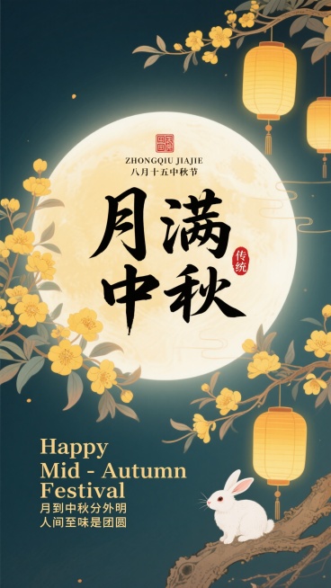 中国传统中秋韵味插画，淡雅暖黄色调国风风格，画面中心是一轮皎洁的圆月，圆月之上有大气的黑色毛笔字体书写“月满中秋”四个大字，字体旁有红色“传统”印章样式点缀，“月满中秋”文字上方印有“ZHONGQIU预览效果