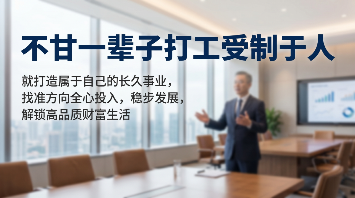 商务励志风横版，会议室背景添加一个发言的老板虚化形象，包含文案：主标题"不甘一辈子打工受制于人"，副标题"就打造属于自己的长久事业，找准方向全心投入，稳步发展，解锁高品质财富生活"，主副标题分明，使用预览效果