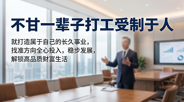 商务励志风横版，会议室背景添加一个发言的老板虚化形象，包含文案：主标题"不甘一辈子打工受制于人"，副标题"就打造属于自己的长久事业，找准方向全心投入，稳步发展，解锁高品质财富生活"，主副标题分明，使用清晰无衬线字体，不要标注尺寸，不要纯色背景，不要行书楷体，不要中国风，尺寸1280*720