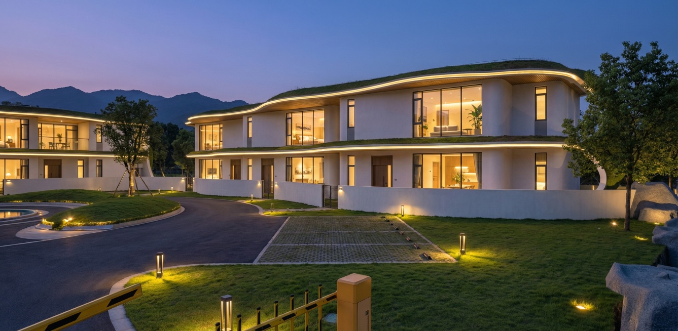 保证建筑细节及角度不变，为室内场景添加家具，庭院添加灯光点缀，缓坡上添加绿草植被，建筑两侧添加写实树木，室外周围添加灯光点缀，添加室内柔和灯光效果，屋檐添加柔和灯带效果，玻璃添加明显的反射效果，背景设预览效果