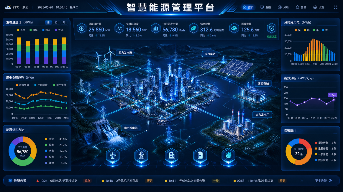 [主图-1] 智慧能源管理平台大屏可视化首图，web端横版界面设计。蓝色科技风，大厂可视化设计质感，整体干净有序，科技创意感十足。整体布局左右两侧分布内容区块，中间核心展示三维地图，左右两侧分别放柱状预览效果
