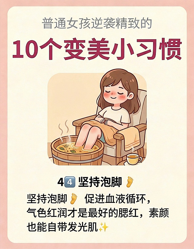 保留主标题“普通女孩逆袭精致的10个变美小习惯”和副标题，将下方内容替换为“4️⃣ 坚持泡脚🦶促进血液循环，气色红润才是最好的腮红，素颜也能自带发光肌✨”，画面风格保持一致，替换为女孩泡脚的卡通插画