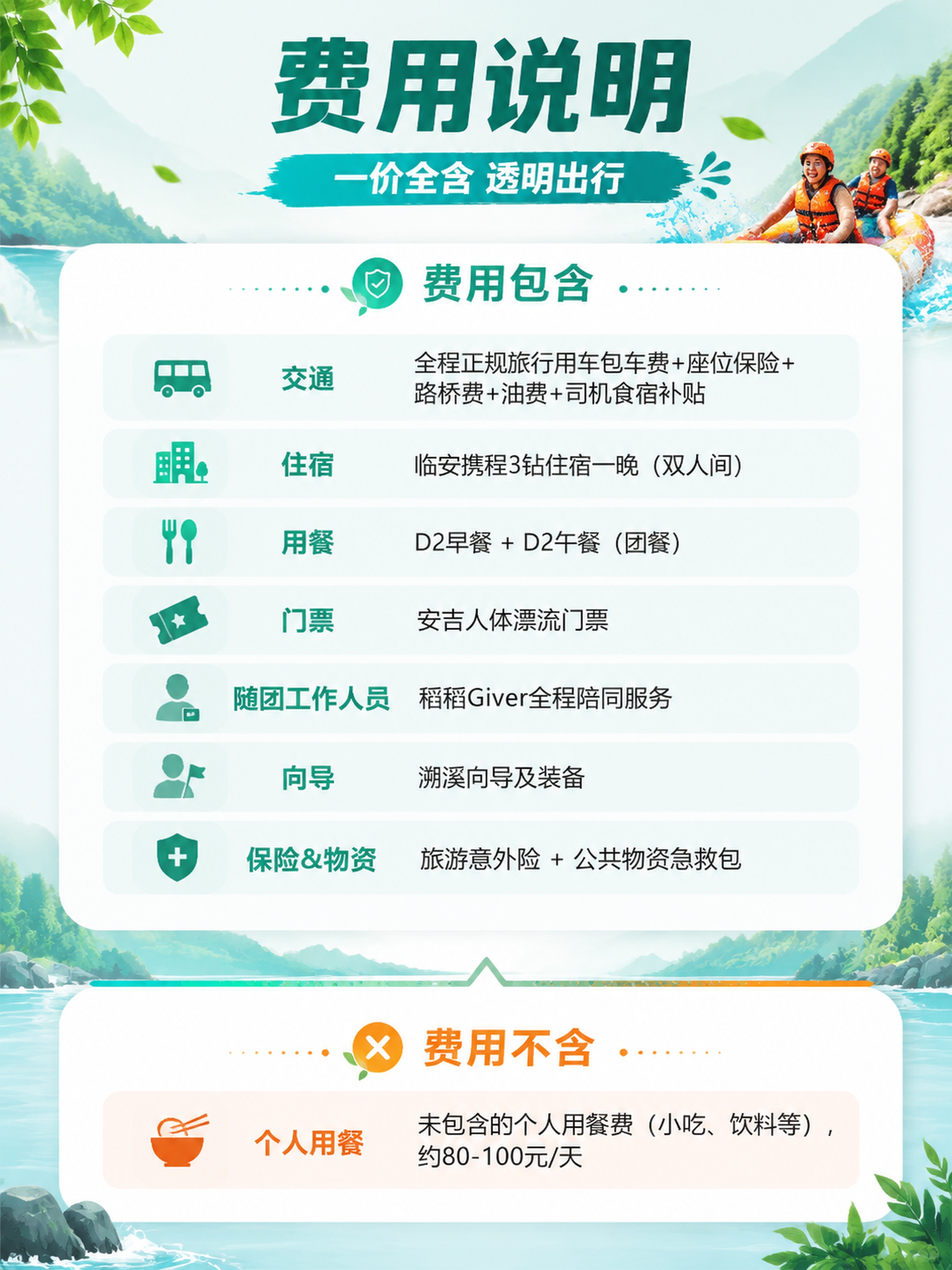 淘宝电商详情页单屏，费用包含与费用不含信息总览，临安溯溪安吉漂… - 图片创意预览
