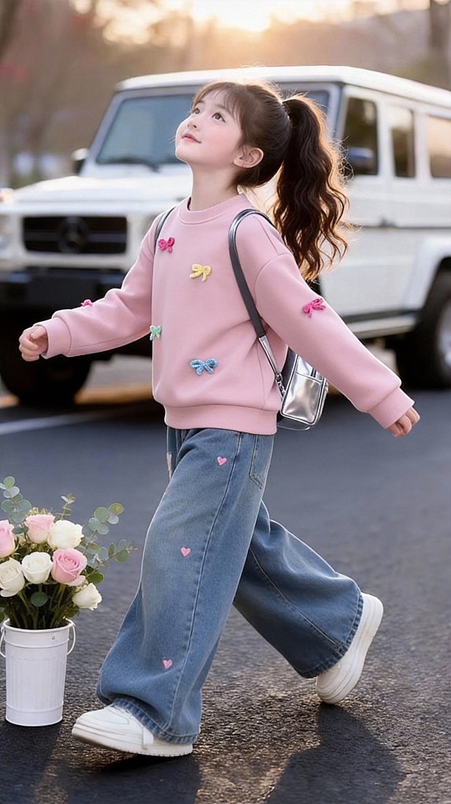 把图1的衣服和裤子给图的2的人物穿上，保留原场景光影，保持图2的人物的五官和发型不变，图片宽高尺寸不变，背景不变，鞋子不变，人物姿势不变，保持图1的衣服和裤子的款式和颜色不变