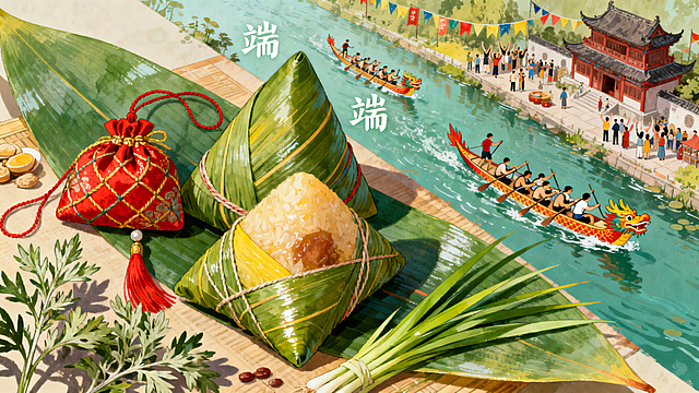 全景俯视视角，端午节热闹场景，江河上龙舟竞渡，划桨手姿态各异奋力划桨，岸边摆放着粽子、香囊、艾草与菖蒲，远处是古建筑，人群欢呼彩旗飘扬，氛围热闹喜庆又祥和安宁，中国风春日插画风格，色彩使用青绿、朱红、明黄等传统颜色，粽叶脉络清晰有深浅变化，香囊丝线有光泽编织紧密，艾草与菖蒲阴影自然，画面添加“端午”文字