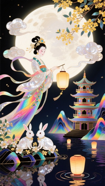 中式风格，嫦娥提着宫灯躺在花丛中，巨大的月亮，衣摆飘逸，身边跟着两只头戴桂花的小白兔。周围环绕着祥云和盛开的金色桂花，水面飘着河灯，背景有山脉楼台，深色幻彩背景，仰拍视角预览效果