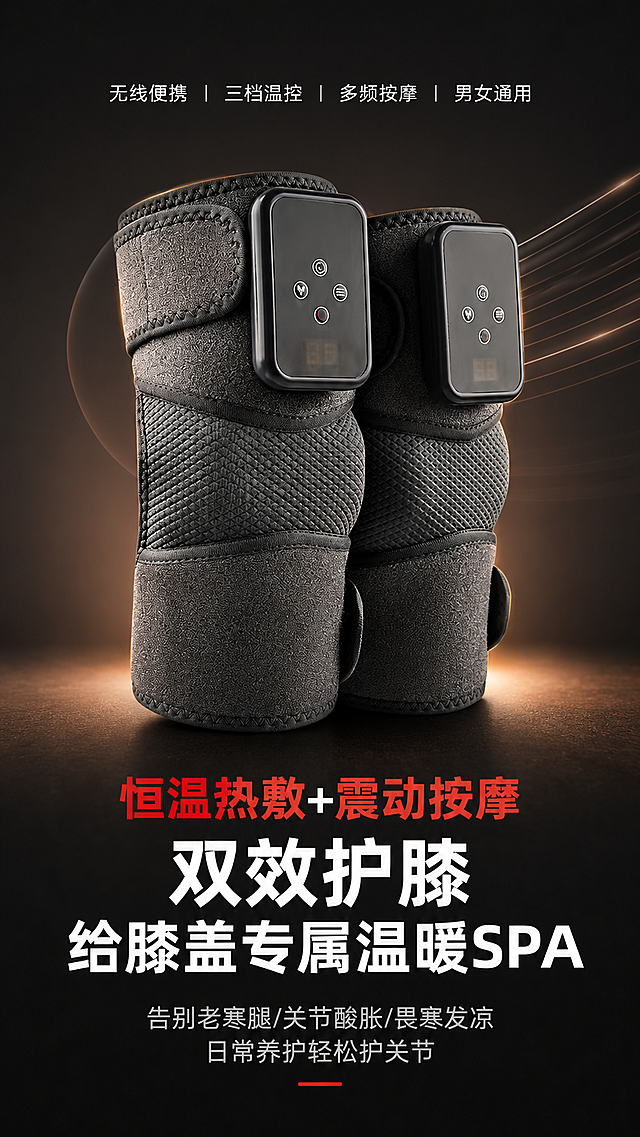 「图片1」二、详情页模块拆分&精准制作指令
 
1. 首屏主海报模块
 
- 视觉：黑色高级质感产品图+暖光氛围，突出双膝穿戴效果+控制器特写
​
- 大标题（加粗醒目）：恒温热敷+震动按摩 双效护膝 给膝盖专属温暖SPA
​
- 副标题：告别老寒腿/关节酸胀/畏寒发凉 日常养护轻松护关节
​
- 核心3大卖点小字置顶：无线便携｜三档温控｜多频按摩｜男女通用
 
2. 痛点共鸣场景模块
 
- 文案内容：
你是不是也总被这些膝盖问题困扰？
✅阴雨天膝盖发凉刺痛
✅上下楼梯膝盖酸软无力
✅久站久坐关节僵硬发沉
✅运动后膝盖酸胀劳损
✅长辈老寒腿反反复复怕冷受寒
​
- 画面：左右对比图，不适场景VS使用后轻松舒适场景
 
3. 核心功能卖点爆破模块
 
1. 【恒温热敷理疗】
三档精准控温，大面积环绕发热，热量深层渗透，驱散关节寒气，温暖直达酸痛深处
​
2. 【多模式震动按摩】
多档位震动按摩，模拟真人揉捏捶打，放松紧绷肌肉，快速缓解膝盖酸胀僵硬
​
3. 【无线便携长续航】
充电无线设计，不用被电源线束缚，居家、办公、追剧、走路随时随地都能戴
​
4. 【可调节魔术贴贴合设计】
高弹可调节绑带，大小腿粗细都适配，穿戴牢固不移位，贴合不勒腿
​
5. 【亲肤透气面料】
蜂窝透气网面+柔软内里，久戴不闷汗，舒适亲肤，四季都可用
​
6. 【一机多用】
膝盖、手肘、小腿、踝关节多部位均可使用，全身疲劳部位都能放松养护
 
4. 细节参数展示模块
 
- 实拍细节：控制面板按键、魔术贴绑带、透气面料内里、充电接口特写
​
- 产品基础参数：
品名：智能电热按摩护膝仪
供电：USB充电无线款
档位：3档热敷+多档按摩
材质：亲肤潜水布+透气蜂窝面料
适用：左右双膝通用、男女老少均可
颜色：经典暗夜黑
 
5. 使用场景模块
 
- 居家睡前：热敷放松，安稳入眠
​
- 办公久坐：随时佩戴，缓解腿部僵硬
​
- 运动过后：快速舒缓运动劳损
​
- 秋冬出门：提前保暖，抵御寒气
​
- 送礼孝心：送爸妈长辈，暖心实用健康好礼
 
6. 权威安心&售后保障模块
 
- 文案：安全恒温控温防烫伤、面料安全无异味、操作简单长辈一学就会
​
- 售后承诺：7天无理由退换、质保换新、全程无忧购物
 
7. 底部行动号召收尾
 
别让膝盖不适降低生活质量
每天15分钟，热敷+按摩双重养护
还膝盖温暖舒适，重拾腿脚轻松活力
自用舒适，送礼体面，守护全家关节健康
 
 
 
三、排版&视觉额外要求
 
1. 整体色调：以深灰+暖橙暖红为主色调，凸显温暖治愈、专业养护属性
​
2. 文字层级：大标题加粗放大，卖点短句分行，重点关键词高亮标红
​
3. 配图逻辑：产品实拍+场景图+功能示意图+细节放大图，图文一一对应
​
4. 阅读节奏：段落简短、多图标符号分隔，手机滑动阅读零压力