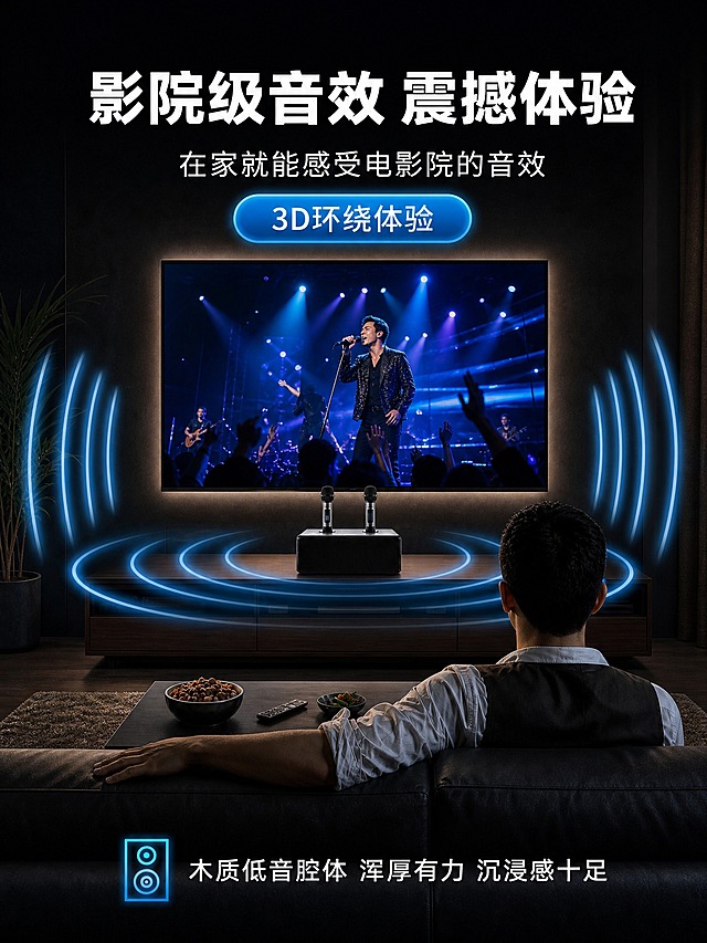 [主图-3] 真实工作状态/操作完成体验：影院级3D环绕音效，沉浸式观影体验。
[统一基调] 风格=现代简约科技家居风；背景主色=深灰黑（影院级氛围感）；标题字色=白色；辅助字色=浅灰；强调色=冰蓝色；字体=粗黑无衬线简体中文+简洁无衬线正文；组件=蓝色声波弧线、发光胶囊标签。
[画面] 使用【图3】黑色款家庭K歌音响一体机+双无线话筒。3:4竖版构图，深色影院场景，上方电视播放演唱会画面，音响放置在电视柜上位于画面中间位置，两侧有蓝色声波弧线向四周扩散示意3D环绕效果，下方一位男士坐在沙发上背对镜头欣赏，沉浸感强。产品占画面约25%。
[光影质感] 商业摄影质感，暗调环境光，电视屏幕发光，产品有轮廓光，声波效果发光自然，整体氛围沉浸有质感。
[配色] 主色深灰黑，强调色冰蓝色用于声波效果和标签，标题白色，正文浅灰。
[文字版式] 顶部主标题"影院级音效 震撼体验"，副标题"在家就能感受电影院的音效"，蓝色发光胶囊标签"3D环绕体验"，底部补充"木质低音腔体 浑厚有力 沉浸感十足"。文字全部横排。
[输出要求] 3:4竖版，1536x2048，2K，文字清晰可读，产品清晰不变形，无错字，无平台Logo，无水印，无竖排文字。
