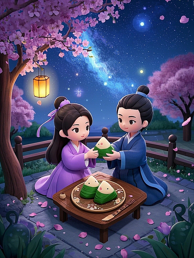 梦幻古典中式插画，软3D超现实风格，夜空下共品粽子，尽显端午佳节温馨。