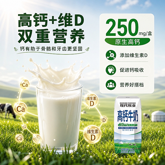 [商品] 使用【图1】现代牧业高钙牛奶单盒利乐包装；保留包装所有品牌文字、高钙标识、维D字样及包装图案；产品缩小置于画面右下角作为辅助展示，占画面约15%，确保包装清晰可识别。
[画面] 页面目标：成分/营养专张，突出高钙+维生素D双营养核心优势。构图为左大右小，左侧约70%区域是营养可视化场景：一杯满溢的牛奶居中（占画面约35%），周围环绕发光的钙分子粒子与维生素D符号，底部是绿色草原与阳光射线；右侧上方为大数字营养信息区。形成光效粒子—牛奶杯—草原背景—产品包装的4层视觉层次。营养核心元素（牛奶杯+钙粒子）合计占画面约60%，远大于产品包装占比。
[视觉] 套系策略：风格=清新自然商业摄影风，干净通透有质感；标题字=现代无衬线粗黑体，笔画饱满；正文字=简洁无衬线体；主色=草原绿+奶白；背景延展=基于奶白与草原绿做深浅渐变、同色层级和细腻草地/云雾质感；强调色=深草绿，仅用于小面积图标、引线和标签底；标题色=深草绿；正文色=深灰绿；组件=圆角浅底信息卡、细线引线、小奶滴图标；光影=顶部柔和自然光，牛奶液面有高光反光。
[文字] 主标题「高钙+维D 双重营养」，副标题「钙有助于骨骼和牙齿更坚固」。右侧大数字展示「250mg/盒 原生高钙」，下方配3个信息点：添加维生素D、促进钙吸收、营养好搭档。文字全部横排，位于画面右侧及上方留白区，不遮挡牛奶杯主体。
[规格] 图片比例1:1，4K分辨率，负向提示：避免变形、错字、文字过小、医疗化功效承诺、极限词、包装文字错乱。