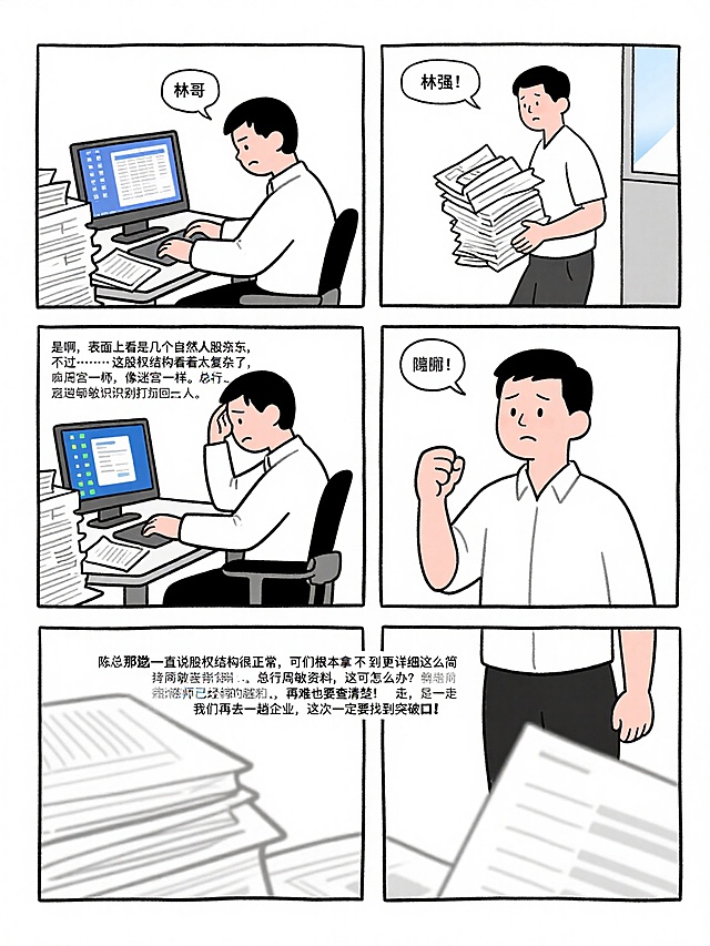 第一幕：迷雾重重的项目申报
 
时间：工作日上午
地点：支行办公室
道具：堆满文件的办公桌、闪烁的电脑屏幕
 
（林远盯着电脑上的项目资料，眉头紧锁，不停地翻找着文件。小王抱着一摞材料走进来）
 
小王：（气喘吁吁）林哥，这是你要的企业工商信息！不过……这股权结构看着太复杂了，像迷宫一样。
 
林远：（揉了揉太阳穴）是啊，表面上看是几个自然人股东，可我总觉得背后没这么简单。总行周敏老师已经打回两次了，说必须穿透识别实际控制人。
 
小王：（担忧）陈总那边一直说股权结构很正常，我们根本拿不到更详细的资料，这可怎么办？
 
林远：（握紧拳头）再难也要查清楚！走，我们再去一趟企业，这次一定要找到突破口！