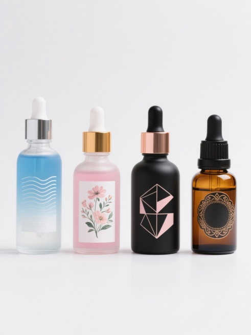 白色纯色背景上，四个不同样式的精油瓶系列素材规整排布；第一个瓶子为透明渐变蓝色瓶身，搭配银色滴管盖，标签设计成简约波浪线条图案，整体呈现清新海洋风格；第二个瓶子是磨砂质感的粉色瓶身，金色瓶盖，标签采用手绘花卉插图，色彩柔和浪漫；第三个瓶子为哑光黑色瓶身，搭配玫瑰金滴管盖，标签是几何图形组合，设计感十足，展现现代简约风格；第四个瓶子是琥珀色玻璃材质，黑色瓶盖，标签上有复古花纹装饰，营造优雅复古氛……预览效果