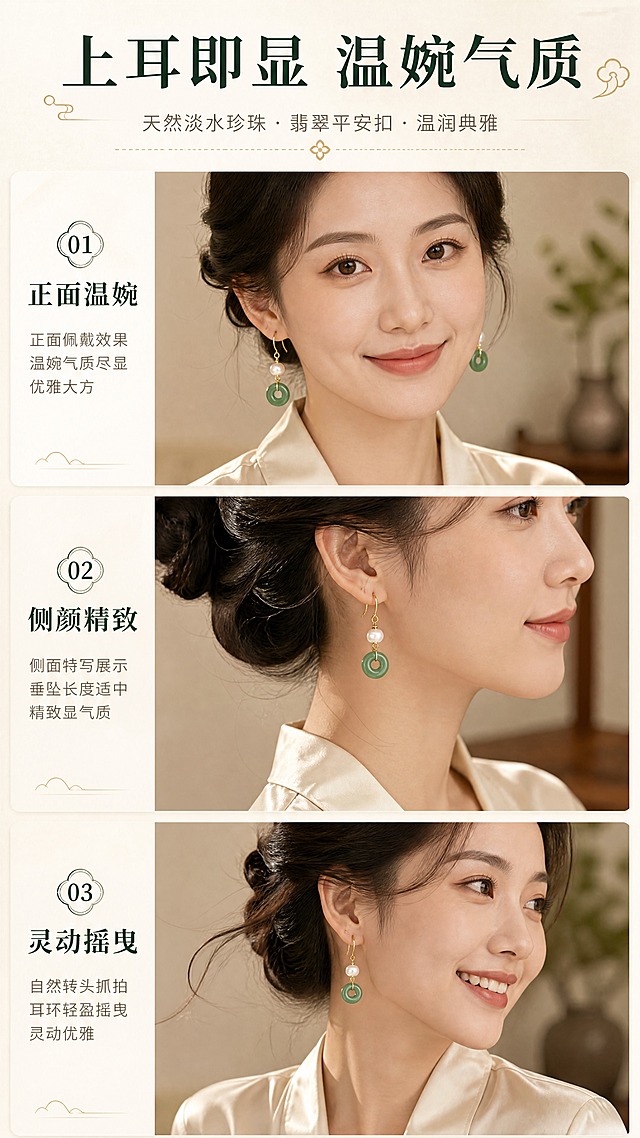 [商品] 使用【图1】天然珍珠平安扣耳环；保留金色耳钩、白色淡水珍珠、翡翠绿平安扣的结构、颜色和材质；耳环真实佩戴于亚洲女性双耳，角度自然。
[画面] 目标：佩戴效果，多角度展示上耳美感。三格竖排拼图，从上到下分别为：正面脸部特写（微笑，耳环清晰可见）、侧面耳部特写（展现耳环垂坠长度）、转头动态抓拍（展现耳环灵动摇曳感）；人物为气质亚洲女性，黑发盘起，穿米白色真丝衬衫，背景为浅米色室内空间。
[视觉] 套系策略：风格=东方雅致国风商业摄影；标题字=宋体衬线粗体；正文字=现代细黑体；主色=玉绿+米白；背景延展=基于米白做深浅渐变、宣纸纹理与柔光层次；强调色=香槟金，仅用于小面积图标、引线和装饰线条；标题色=深墨绿；正文色=暖灰棕；组件=细线引线、圆角浅底信息卡、中式分隔线；光影=左前侧暖柔光+侧逆轮廓光。
[文字] 顶部主标题"上耳即显 温婉气质"，每格旁标注对应角度说明：正面温婉、侧颜精致、灵动摇曳。文字横排，不遮挡人物脸部与耳环主体。
[规格] 图片比例9:16竖版，4K，避免变形、错字、文字过小、人物表情僵硬、耳环比例失真。