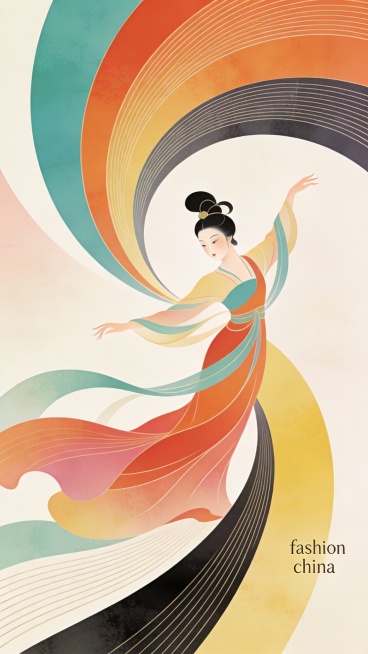 矢量插画，抽象线条与曲面线条，线条画，柔美色块构成，极简主义，多巴胺色系，线条设计叠加多个不规则弧形色块武则天跳舞裙摆摇曳生姿柔美的轮廓，惊鸿舞，自然，纹理，装饰，超现实派，具有先锋艺术、时尚字体主标预览效果