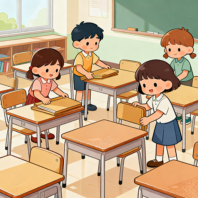 Modern flat animation style, bright soft pastel tones, a bit of noise texture, cute cartoon elementary school students, bright clean cartoon classroom, medium shot, clean lines, high detail, no complex background, no text. Several elementary school students work together to straighten and arrange the desks and chairs